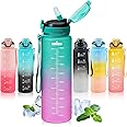 SEASEVEN Water Bottle with Straw 1L,Boys Water Bottles with Straw 1 Litre,Waterbottle Leak-Proof Sports Water Bottle,Plastic Drinks Bottles Toxin Free，Bpa-Free (Gradient Green-Pink)