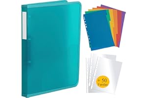 QE'MONO Archivador 4 anillas plastico incluye 50 fundas de plastico a4 y 10 separadores. Carpeta archivadora liviana y resistente. Archivador de tapa semirrígida. Carpeta para fundas y folios (Verde)