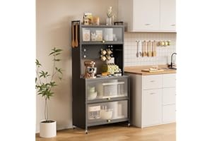 Warmiehomy Kitchen Storage Cabinets, Pantry Cupboard with 5 Tiers Bakers Rack, Kitchen Shelves with Transparent Flip Door & 4 Rolling Wheels, 60x40x162cm, Grey