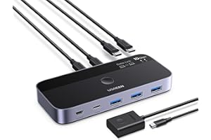 UGREEN Switch USB C 3.2 10Gbps Commutateur pour 2 PC Entrées 4 Sorties Synchronisation de Fichiers pour Clavier Souris avec Contrôleur du Bureau et Câbles Inclus