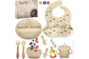 FlexiTot | Set tavola con ventosa per bambino – Kit svezzamento prima pappa e autosvezzamento, bicchiere con manici, babero impermeabile, contenitore frutta, cucchiaio silicone | +6 mesi | Beige