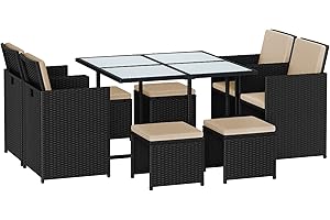 SONGMICS Garden Furniture Set Dining Table and Chairs, Set of 9 PE Rattan Outdoor Patio Furniture, Dining Furniture, Glass Top Coffee Table, with Cushions, Space-Saving, Black and Beige GGF091B02