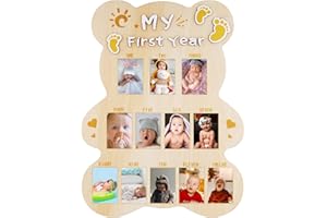 NQEUEPN My First Year Ramka na Zdjecia, Wyciety Ksztalt Niedzwiedzia Ramka na Zdjecia Dziecka Deska Drewniana 12 Miesiecy Wyswietlacz Zdjec Dziecka Prezent z Okazji Pierwszych Urodzin
