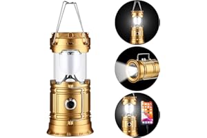 SINMOE Faroles de Camping LED Linterna de Camping Solar Lámpara de Acampada Recargable USB con Batería de 1000 mA Linterna de Cuerda Retráctil Farolillos de Camping Carpa Solar (Dorado)