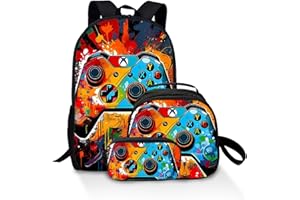 Joalpysm 3-Piece Gaming Backpack, Backpack Set with Controller Print, Cool Black Gaming Daypack & Crossbody Bag, Large Capacity School Bag Waterproof Laptop Backpack for Students & Gamers