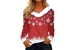 GENERISCH Weihnachtsbluse Damen Langarm V-Ausschnitt Flauschige Lustig Rentier Schneemann Weihnachtshemd Hässliche Lustige Schickes Oberteil