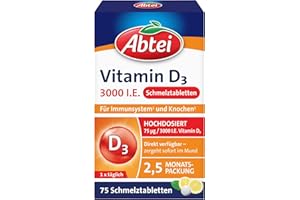 ‎ABTEI Abtei Vitamin D3 3000 I.E. - unterstützt Immunsystem und Knochen - laborgeprüft, glutenfrei, laktosefrei und vegetarisch - 75 Schmelztabletten mit Zitronengeschmack