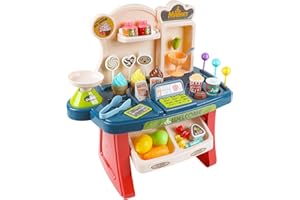 Umitive Cassa Giocattolo per Bambini, 33 Pezzi Giocattolo Educativo Registratore di Cassa Giocattolo con Scanner Sonoro e luminoso, Regalo per Bambini 3 4 5 6 + Anni