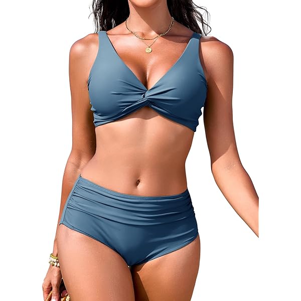Nadeer Dames bikiniset V-hals hoge taille tweedelig badpak elegant push-up badmode crossover zwempak, paars/rood, L