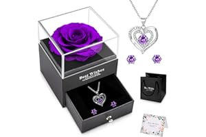 NEWUPZSI Regalo Madre Regalo Cumpleaños púrpura con Collar y Pendientes para Mamá Rosa Eterna Caja Rosa Real Preservada Navidad Regalos para Mamá,Mejor Madre del Mundo