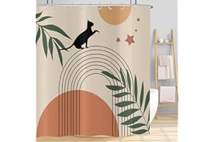 Hnmdmyi Duschvorhang Boho 180x180, Mid Century Abstrakt Schwarz Katze Grün Blatt Bogen Sonne Mond Beige Badewanne Vorhang Modern Minimalistisch Geometrisch Ästhetisch Wasserdicht Stoff Badevorhang