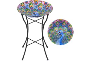 CHRISTOW Glass Bird Bath For Garden Patio With Metal Stand Hand Painted Peacock