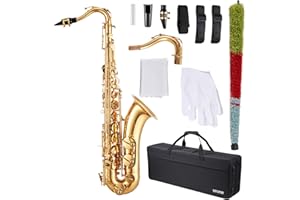VEVOR Sassofono Tenore, Si Bemolle, Kit Sassofono in Ottone a 23 Tasti per Principianti, con Custodia per Trasporto, Bocchino, Cinghie, Asta per Panno di Pulizia, Guanti, Tracolla, Oro