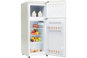 Oslghy Frigorífico Mini 92L, Frigorifico Pequeño con Congelador (28L+64L), Frigorifico Combi con LED, 105,5x41x45,5 cm Frigorífico no Frost con 2 Estantes Ajustables, 116 kWh/año, -27°C∽13°C (White)