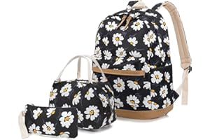 Flowers Backpack Kids School Bag 3-in-1 Bookbag Set, Junlion Laptop Backpack Lunch Bag Pencil Case Gift for Teen Girls Womens Daisy Black
