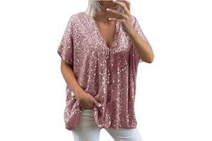 SAXREL Sequin Top Shimmer Round-Neck Cold Shoulder Short Sleeve Sparkly Tops for Women UK Going Out Tshirt Tunic Ladies Party Tops Spring Festival Womens Blouses Elegant Pullover Plus Size Glitter Tops