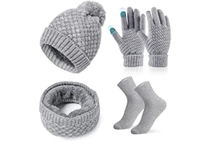 YYDSXK Schal Mütze Handschuhe Set Damen, 4pcs Gestrickt Mütze Schal Set mit Touchscreen Handschuhe Baumwoll Socken, Super Weiche Und Warme Beanie Ski Mütze Schal Geschenkset für Frauen Outdoor Sports