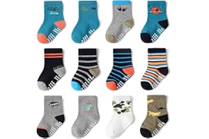 YANWANG 12 Paires de Chaussettes de Non-dérapage de Garçon d'Enfant en Bas âge de Coton Antidérapantes Avec Poignée pour Bébé Garçons, Filles