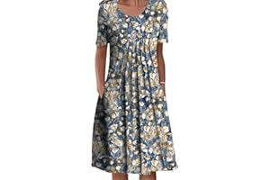 Achinel Women's Floral Print Midi Dresses Ladies Crew Neck Short Sleeve T Shirt Dress Summer Sundress Casual Boho Bohemian Dress
