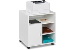Relaxdays Carrello Porta Stampante, con 5 Scomparti e Anta, Mobiletto con Ruote per Ufficio, HxL: 66,5x60 cm, Bianco, Fibra di Legno