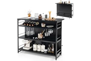 COSTWAY 2-in-1 Industrial Kitchen Island, 4-Tier Bar Table Sideboard with 3 Open Shelves, Wine Rack, Stemware Holders & Footrest, Wine Cabinet Storage Organizer for Home Pub (Black)