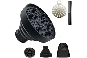 JOIYHY Diffusore Capelli Ricci in Silicone, Adattabile a Asciugacapelli con Diametro 4.2-4.8cm, Diffusore Pieghevole Capelli Ricci, Viene Fornito con Borsa, Spazzola per Shampoo e Pettine(Nero)