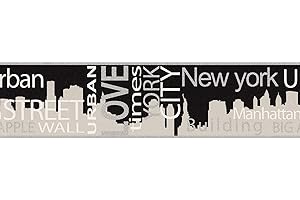 BRICOFLOR New York Tapetenbordüre modern | Schriftzug Tapeten Bordüre in Schwarz und Grau ideal für Küche und Jugendzimmer | Vlies Wandbordüre mit Vinyl