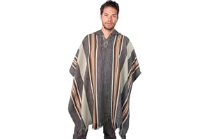 Gamboa Alpacka poncho för män, stickad ullponcho med huva, kappa, herrponcho, grå och Vit, en storlek