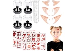 LXWINNER 4 Paar Halloween Vampir Zähne,mit 1 Rohr Zähne Pellets Klebstof,3 Paar Latex Elf Ears und 30 Stücke Halloween Temporäre Tattoos,Halloween Vampir Cosplay für Halloween Party,Karneval Kostümzubehör