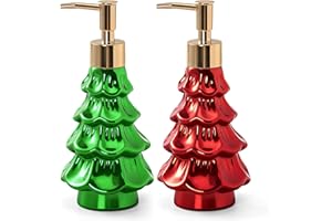 NOVAYEAH 2PCS Christmas Soap Dispenser, Ceramic Green and Red Holiday Christmas Tree Hand Dish Soap Dispenser, Refillable Leak Proof Decorative Pump Bottle for Bathroom Kitchen Countertop