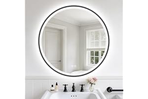 S'bagno Round Bathroom Mirror with Lights 600mm, Illuminated LED Mirror Bathroom with Aluminum Frame, Anti-Fog, 3000-6500K, HD Tempered Glass, IP44 Waterproof, Memory, Black