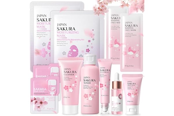 Sakura Kit de soin du visage 11 pièces, kit de soins de la peau quotidiens, avec nettoyant, toner, nettoyage et soin du visage, anti-âge, kit de soins de la peau Sakura pour adolescentes et femmes
