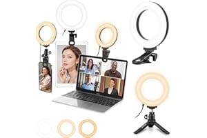 PULUZ Anillo de luz para PC con clip y trípode, 5 pulgadas, luz de videoconferencia regulable, 3 colores de luz+brillo, luz de vídeo de 10 niveles 3200-6500 K para iPhone, iPad, ordenador portátil,