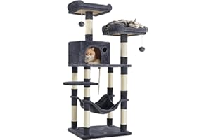 Feandrea Kratzbaum, 143 cm hoch, Katzenbaum mit 11 Kratzsäulen, 2 Plattformen, 1 Katzenhöhle, 1 Hängematte, 2 Plüschbällen, Plüsch, mehrstöckiges Design, rauchgrau PCT15GYZ