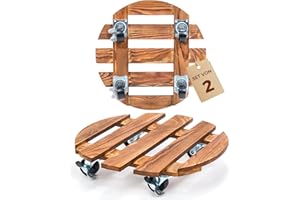 Bamworld Wooden Plant Roller Round Set of 2 - Sturdy Plant Roller Outdoor Weatherproof with Brake, Flower Pot Saucer with Wheels Diameter 30.5 cm, Plant Saucer with Wheels for Indoor and Outdoor Use