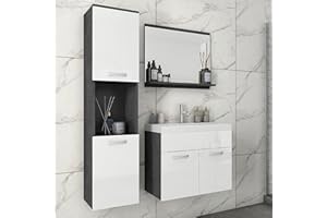 ‎MINIO GO FOR IT MINIO - Badmöbel Set 3-Teilig Monal I Hängeschrank I Spiegel mit Regal I Schrank mit Waschbecken I Laminierte Spannplatte I Griffe und Beschläge aus Metall I Matera und Weiß Hochglanz
