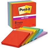 Post-It Super Sticky Notes Playful Color Collection, 6 Pads 90 Sheets per Pad, 76mm x 76mm, Red, Orange, Yellow, Green, Blue,