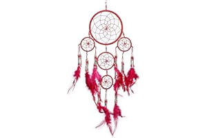 Petit Attrape Rêve Rouge Marque Pink Pineapple - Dreamcatcher Indien à Perles Argent & à Plumes Fait Main - Capteur de Rêves et Artisanal - 12 cm de Diamètre, 35 cm de Longueur