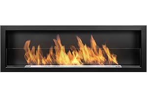 GLOBMETAL Biocamino con vetro S-Line 3D 120x40cm (1200x400mm) Bio camino colore nero opaco, caminetto a bioetanolo da montare in un'apertura a parete. Camino a bioetanolo con bruciatore da 80 cm