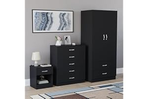 Vida Designs Riano 3 Piece Bedroom Set - 1 Drawer Bedside Chest, 5 Drawer Chest, 2 Door 2 Drawer Wardrobe - Black