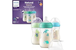 Philips Avent Natural Response - Biberons 260 ml (9 oz) avec tétines à débit moyen (Débit 3), lot de 3, avec motifs animaux tropicaux, SCY903/73