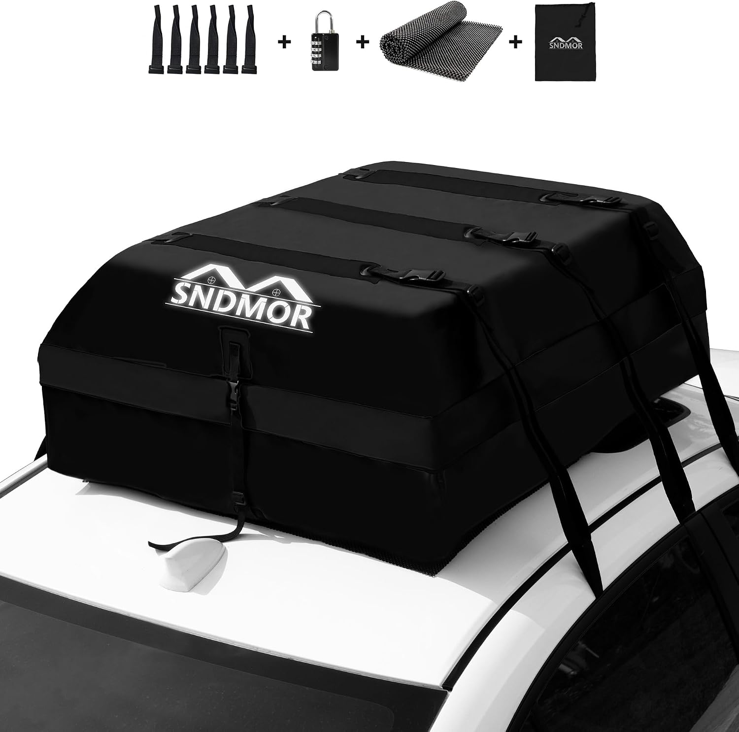 SNDMOR Bolsa de Techo, 595L/21 Pies Cúbicos de Equipaje de Techo Impermeable, Adecuada para Todos Los Vehículos con/Sin Portaequipajes, Incluye Alfombra Antideslizante + 6 Correas de Refuerzo (Negro)