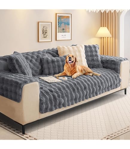 COZY KISS Wasbare Knuffelkonijnenbont Sofahoes, 3-Zits Bankhoes, Bedden en Autostoelbekleding, Zachte Antislip Voorkussentje voor Katten, 70x210cm, Grijs tie-dye