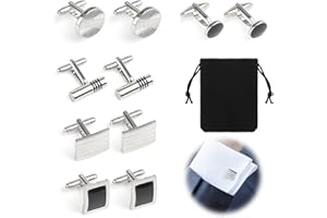 AHRLIC 5 Pairs Silver & Black Cufflinks for Men – Rectangle, Square & Round Shirt Cuff Buttons, French Cuff Accessories, Tuxedo Cufflinks, Wedding & Business Suit Accessories, Gift Set