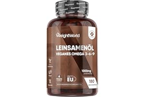 ‎WEIGHTWORLD Omega 3 6 9 Vegan Weichkapseln - Aus Leinsamenöl - 180 Vegan Softgels - 1000mg pro Weichkapsel - 1 pro Tag - Alpha Linolensäure, Linolsäure, Ölsäure - Flaxseed Oil - Ohne Gentechnik - WeightWorld