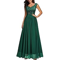 Miusol Women's V-Neck Sequin Floral Lace Chiffon Maxi Formal Dress