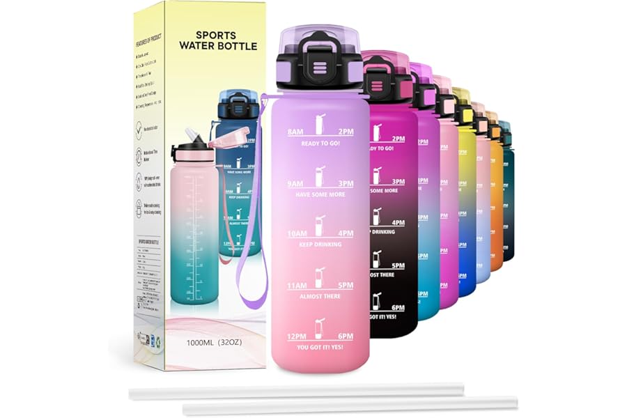 JAPORIA 1L Water Bottle Motivational Water Bottle with Straw Leak-proof Time Indicator for Office Hiking