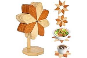 BSSMMAI Bambusowa podkładka pod garnki, odporna na wysokie temperatury, kreatywna podstawka drewniana w kształcie wiatraka, 5 drewnianych podstawek i 1 stojak, dekoracja stołu, bambusowa mata do garnków