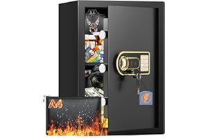Mejasg Caja fuerte de 65 litros, resistente al fuego, impermeable, con estante extraíble y compartimento para pilas externo, caja fuerte digital para el hogar, joyas y documentos A4
