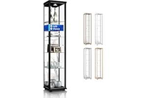 K-Möbel Vitrina de Cristal en Negro (176x37x33 cm) con 4 estantes de Cristal Regulables en Altura, Espejo, LED - Vitrina para maquetas de Coches Negro - Vitrina de exposición